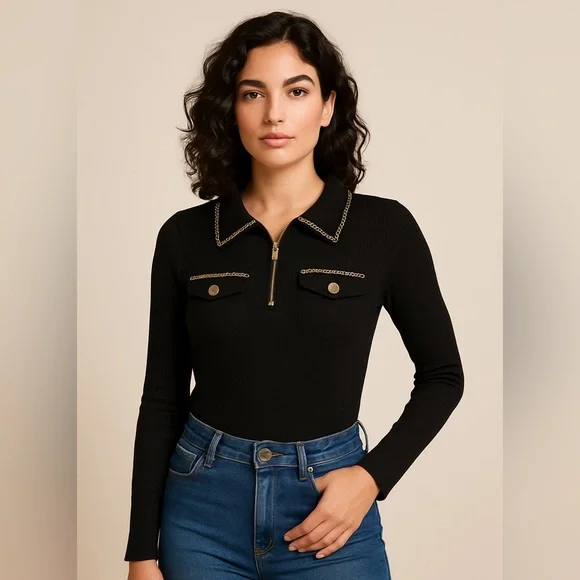 1016. 1012. Knit Ribbed sweater with Chain Detail - Picture 1 of 1